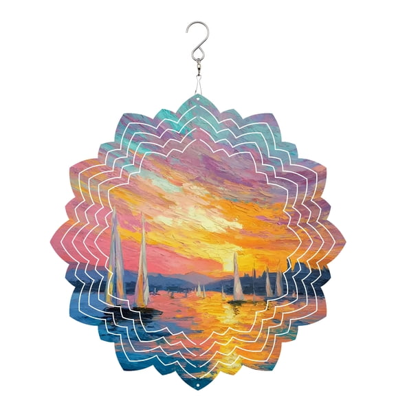 Sunset Sailboats Wind Spinner for Garden Yard 8In, Abstract Tropical Sea Sunset 3D Stainless Steel Kinetic Hanging Wind Spinners Rustproof Outdoor Decor for Lawn Patio Home