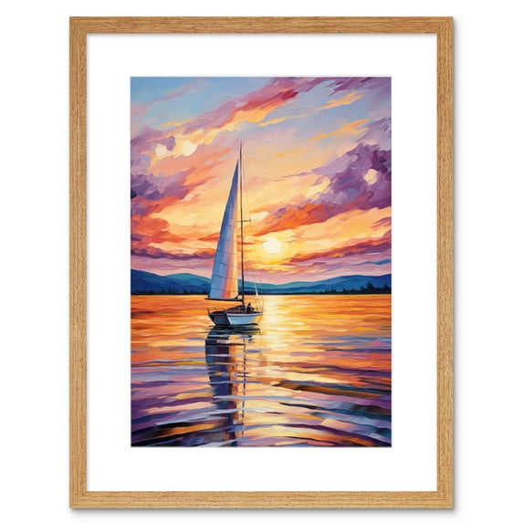 Sunset Sailing Vibrant Oil Painting Orange Purple Blue Bathroom Artwork Sail Boat Seascape Artwork Framed Wall Art Print 9X7 Inch