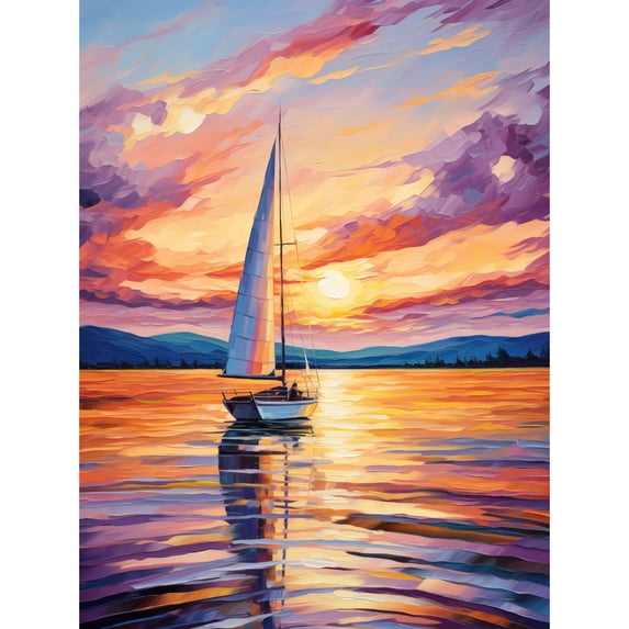 Sunset Sailing Vibrant Oil Painting Orange Purple Blue Bathroom Artwork Sail Boat Seascape Unframed Wall Art Print Poster Home Decor Premium