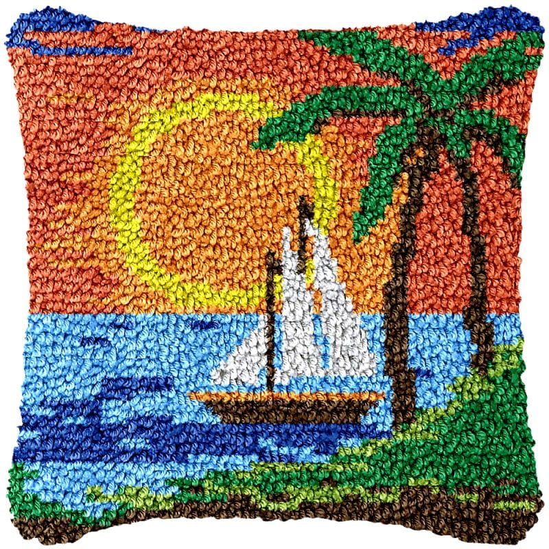 Sunset Sailing View Latch Hook Pillow Cover Kits for DIY Handmade Throw Pillow Cross Stitch Latch Hook Pillowcase Rug Kits with Preprinted Color Pattern Canvas Crochet Yarn Kits 17''X 17''(ch152)