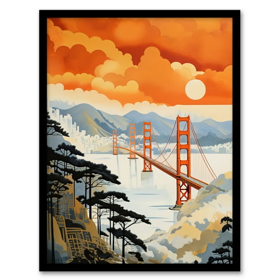 Sunset San Francisco Oakland Bay Bridge Amber Orange Blue Pastel Colour Painting Artwork Framed Wall Art Print A4