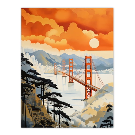 Sunset San Francisco Oakland Bay Bridge Amber Orange Blue Pastel Colour Painting Extra Large XL Wall Art Poster Print