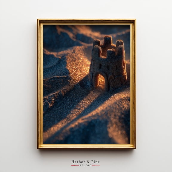 Sunset Sandcastle Glow Moody Beach Sunset Wall Art, Unframed Paper Poster 8x10in