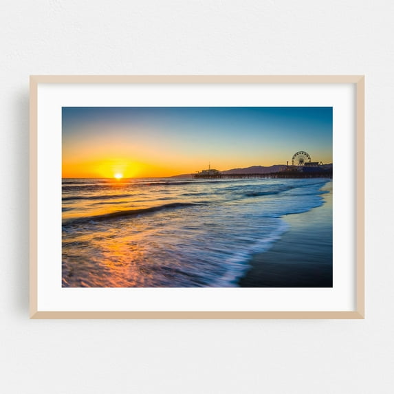 Sunset over the Santa Monica Pier - Santa Monica California Photography Sunset Beach Ocean Coast Waves Landscape Travel Poster Oak Framed Wall Art Print 5 x 7 inches