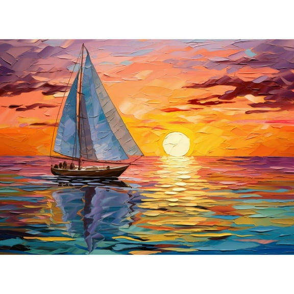 Sunset Scene with Sailboat on Sea Seascape DIY 5D Diamond Art Painting by Number Kits for Adults Paint with Round Full Drill Diamond Gems Painting Art Craft for Home Wall Decor 15.8x19.8in