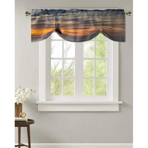 Sunset Sea Black Ship Window Curtain Bedroom Roman Curtain Adjustable Tie Up Curtain for Small Window Rod Pocket