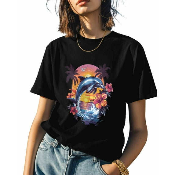Sunset Sea Dolphins Womens Tshirt Graphic Tees Cotton Crew Neck T-Shirts, Casual Short Sleeve Shirts for Women Teen Girl Coconut Trees Flower