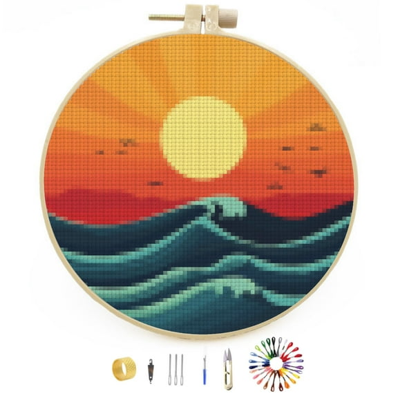 Sunset on Sea Seagulls Scene Stamped Cross Stitch Kits for Beginners with Hoop Simple Patterns 11CT Counted Embroidery Needlepoint Crafts Arts for DIY Enthusiasts and Home Decor 26x26cm(2)