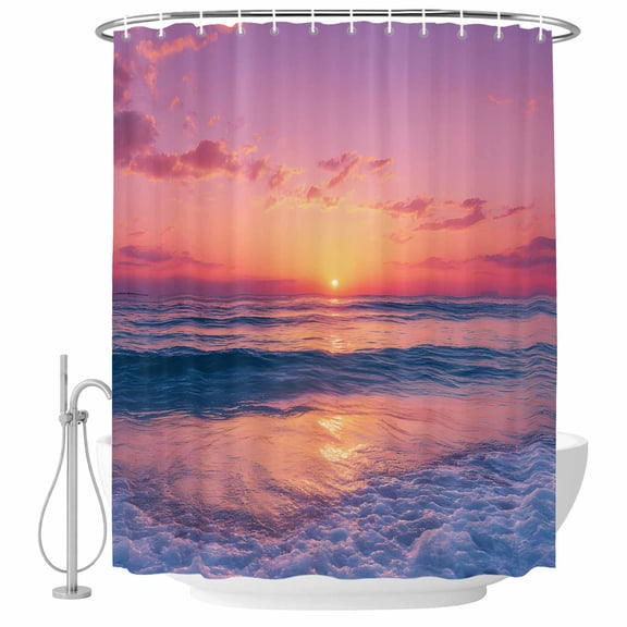 Sunset Sea Shower Curtain for Bathroom, Summer Beach Orange Pink Sunset Waterproof Cloth Fabric Bathroom Accessories Set with 12 Rust Proof Plastic Hooks, 72"x96"