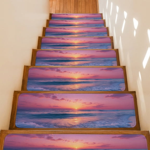 Sunset Sea Stair Treads Non Slip for Steps Summer Beach Orange Pink Sunset 10 Pcs Reusable Adhesive Stair Runner Mats for Dogs Elders Carpet Treads Rugs for Staircase 8x30 In