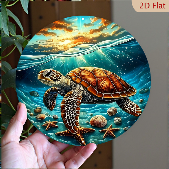 Sunset Sea Turtle Coastal Wall Art Decor, 8" Round Aluminum Wall Art Sign, Metal Signs, Wall Decor For Kitchen, Door, Office, Bedroom Decor, Best Gifts For Room, Home, Bathroom Decor, 2D Flat