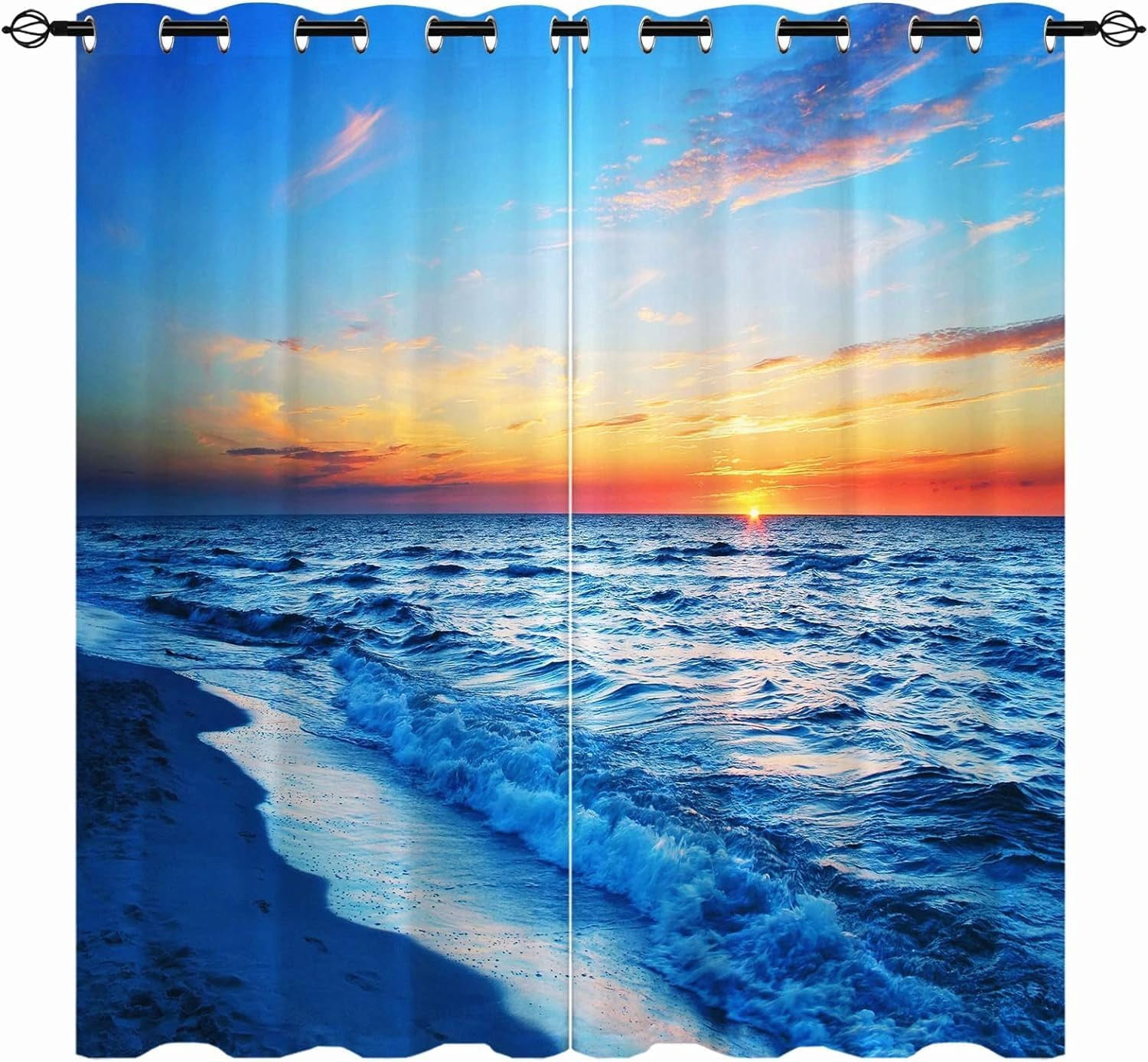 Hawainn Pattern Window Sunset Sea Waves Curtains W42 x L63 Inch Grommet Beach Ocean Tropical ...