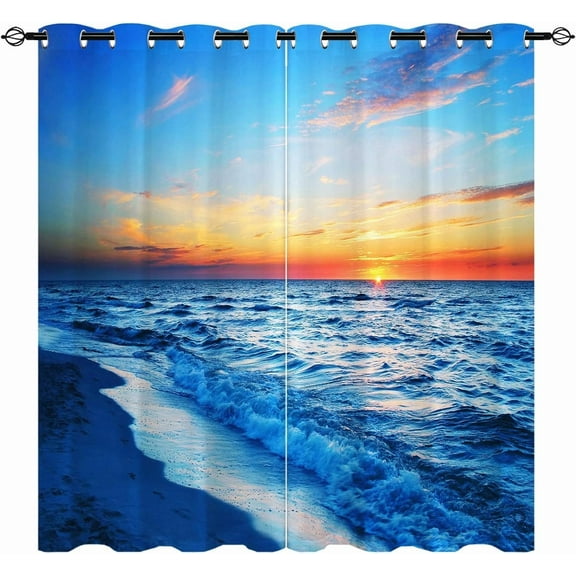 Sunset Sea Waves Curtains W42 x L63 Inch Grommet Beach Ocean Tropical Hawaiian Scenery Print Pattern Waterproof Fabric Window Drapes for Bedroom Living Room Bathroom Laundry Room 2 Panels