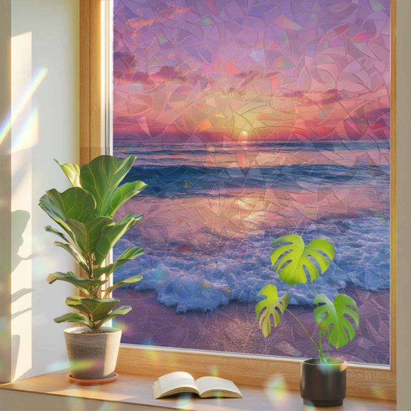 Sunset Sea Window Privacy Film, Summer Beach Orange Pink Sunset Stained Glass Rainbow Film Decorative Window Clings, Static Cling Sun Blocking Stickers 17.7" x 39.3"