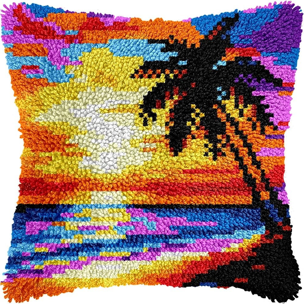 Sunset of Seaside Latch Hook Kits Pillow kits Cushion Throw Pillow Embroidery Craft Kits DIY Kits of DIY Hooking Pillowcase Cover Supplier with Color Printed Canvas 43x43cm (223)