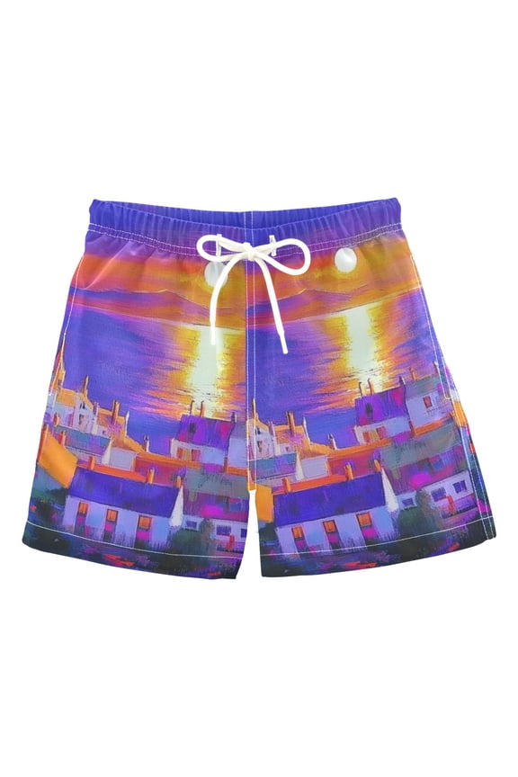 Sunset Seaside Town Boys Swim Trunks Quick Dry Boy Swim Shorts for 3-14 Years