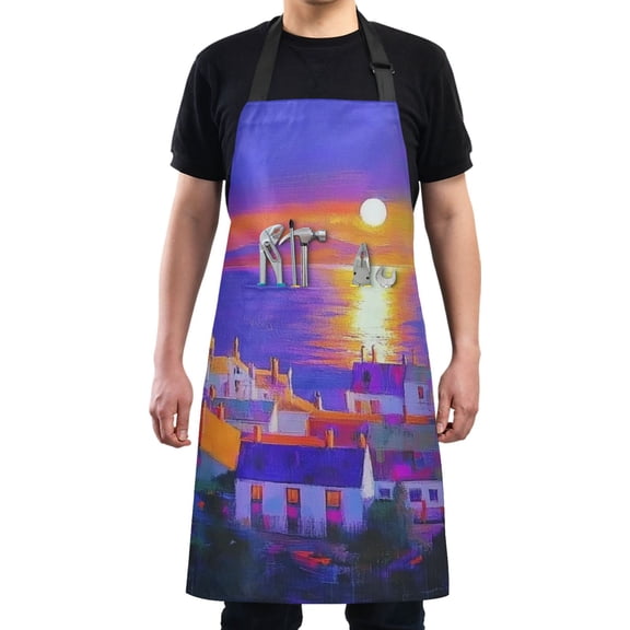 Sunset Seaside Town Chef Kitchen Apron with Pockets for Women Waterproof Aprons for Cooking Baking