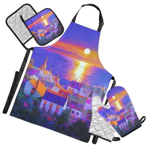 Sunset Seaside Town Oven Mitts and Pot Holders with Chef Apron Set 5 Pcs Kitchen Cooking Set