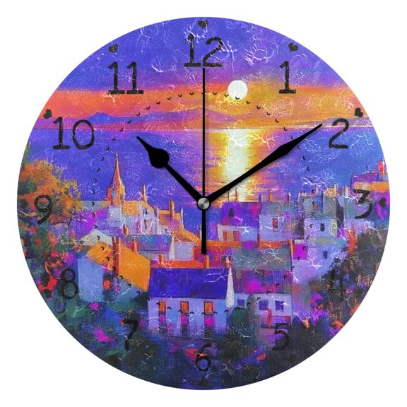 Sunset Seaside Town Round Wall Clock Silent Battery Operated Home Decor for Living Room Bedroom