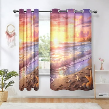 Sunset Seastar on Beach Semi Sheer Curtains 2 Panels Faux Linen Voile Sheer Drapes for Office Living Room 63x52in