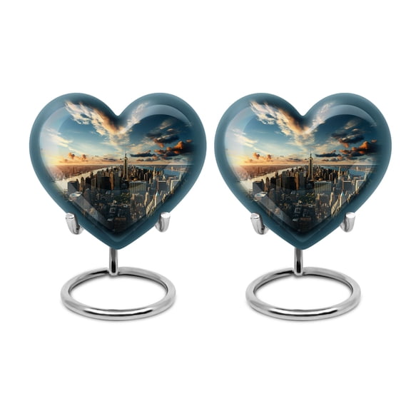 Sunset Serenade Over Cityscape - Urn For Ashes Human Adult - Loving Memories Capsule - Heart Urn For Family Tributes - Adult Ashes - 3 Inch, Set Of 2