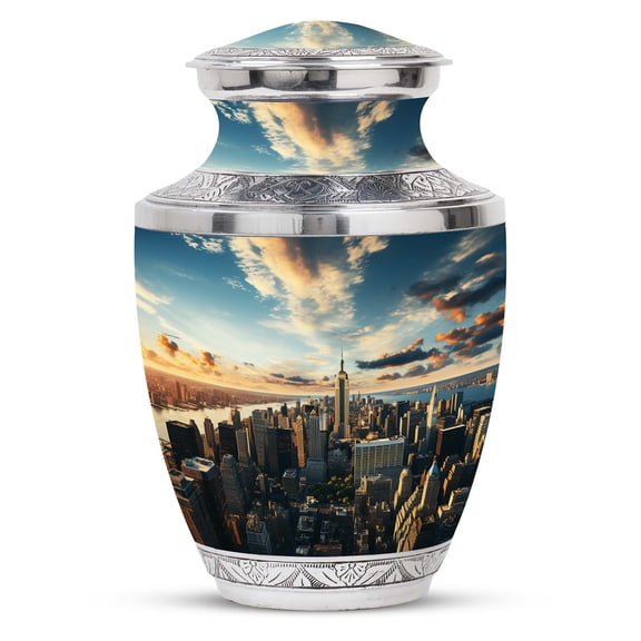 Sunset Serenade over Cityscape - Urn Adult Human Ashes - Urns for Daughter - Loving Tribute - Beautiful and Durable - 10 Inch