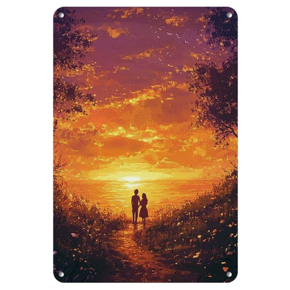 Sunset Serenity 8"x12" Metal Tin Sign - Romantic Couple's Embrace by the Sea at Dusk Wall Art, Perfect for Home & Party Decor