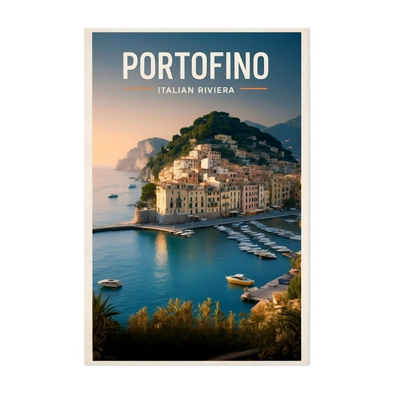 Sunset Serenity in Portofino - Vintage Travel Poster - Portofino Liguria Italy Illustration Travel Poster Vintage Poster Harbor Coast Architecture Ocean Scenic Unframed Wall Art Print 4 x 6 inches