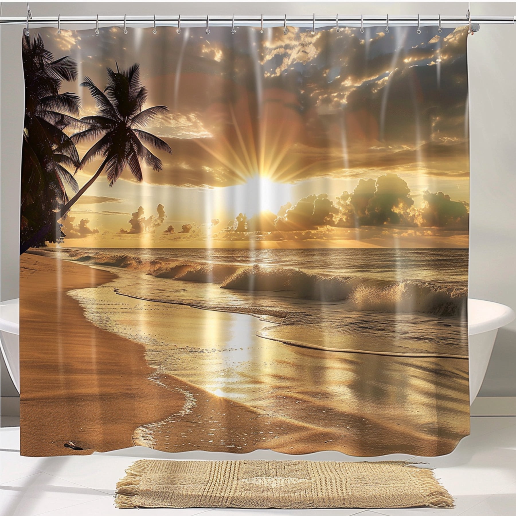 Sunset Serenity: Shabby Chic Beach Shower Curtain with Palm Trees Waves ...