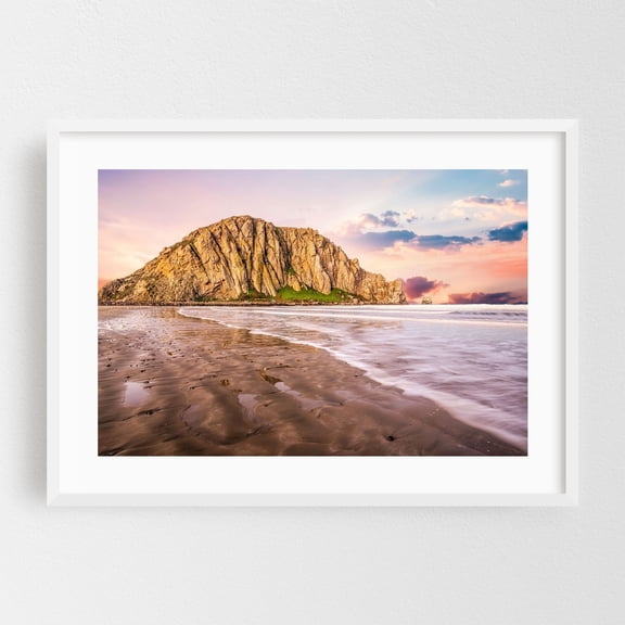 Sunset Serenity at Morro Rock - Morro Bay California Photography White Framed Wall Art Print 24 x 36 inches