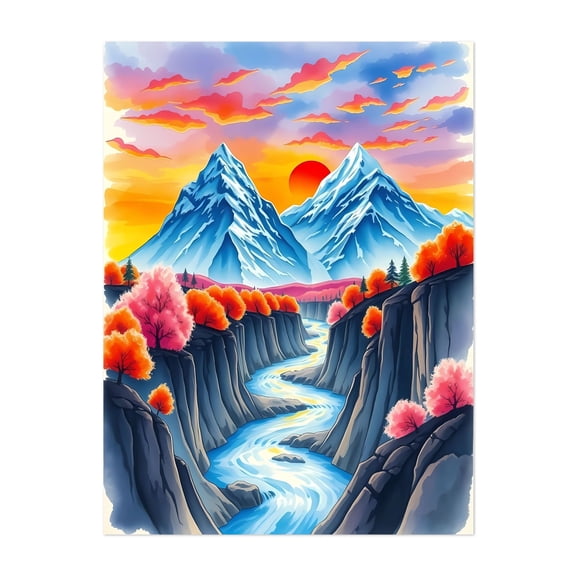 Sunset Serenity in the Mountain Valley - Painting Landscape Mountain Sunset Autumn Nature Watercolor Unframed Wall Art Print 5 x 7 inches