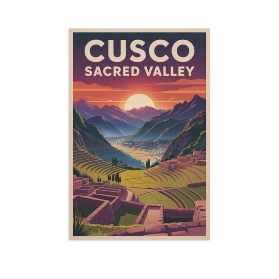 Sunset Shadow Wall Art Sacred Valley Peru Retro Travel Poster Cusco Andes Terraced Landscape Canvas Poster