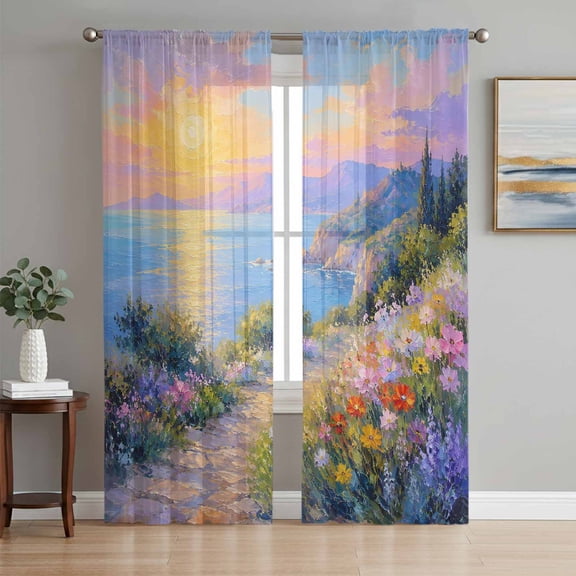 Sunset Sheer Curtains 72 Inches Long, Colorful Wildflower Path Cottagecore Ocean Light Filtering Window Curtains for Living Room/Bedroom, Rod Pocket Voile Sheer Curtain Drapes, 52"W x 72"L, 2 Panels