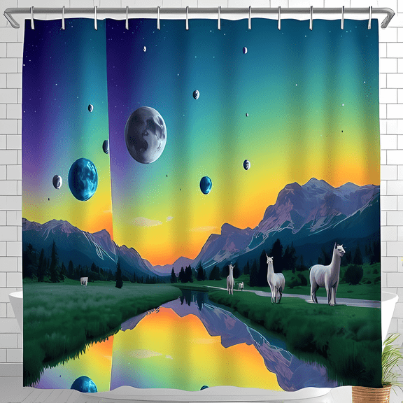 Sunset Shower Curtain with Rainbow Mountains Planets & Grazing - Dreamy Home Decor
