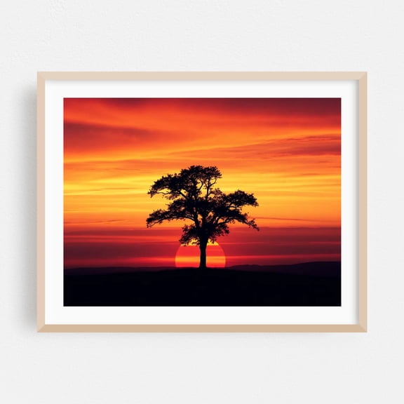 Sunset Silhouette - Painting Sunset Silhouette Nature Scenic Landscape Minimalist Oak Framed Wall Art Print 5 x 7 inches