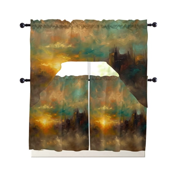 Sunset Sky Kitchen Curtains Set for Windows 3 Piece Cafe Curtains 36 Inch Length Swag Curtains Valances and Tier Set Golden Clouds Distant Hills Abstract Drapes for Bedroom Bathroom Living Room