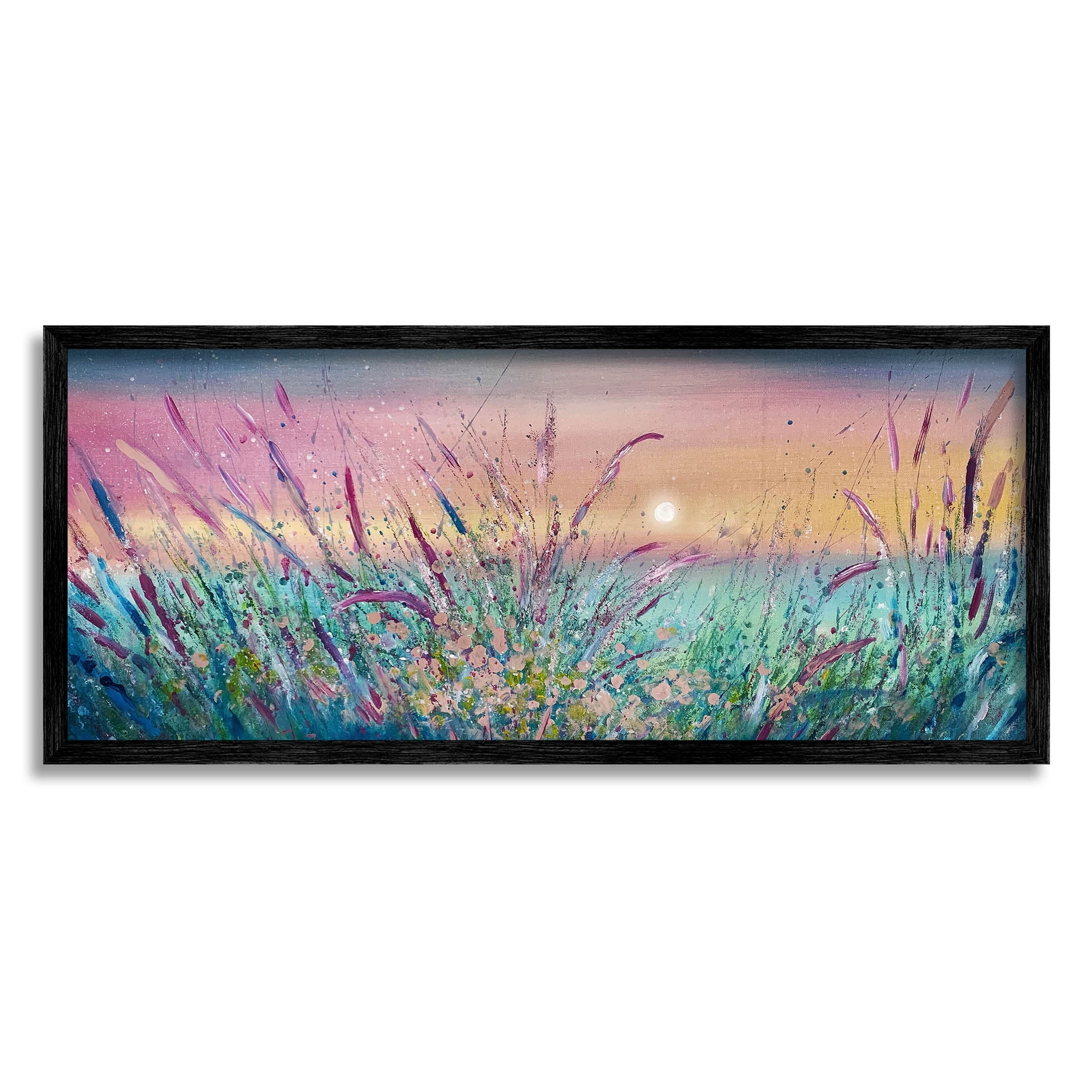 Sunset Sky Pond Reeds Sprouting Landscape Painting Black Framed Art Print Wall Art