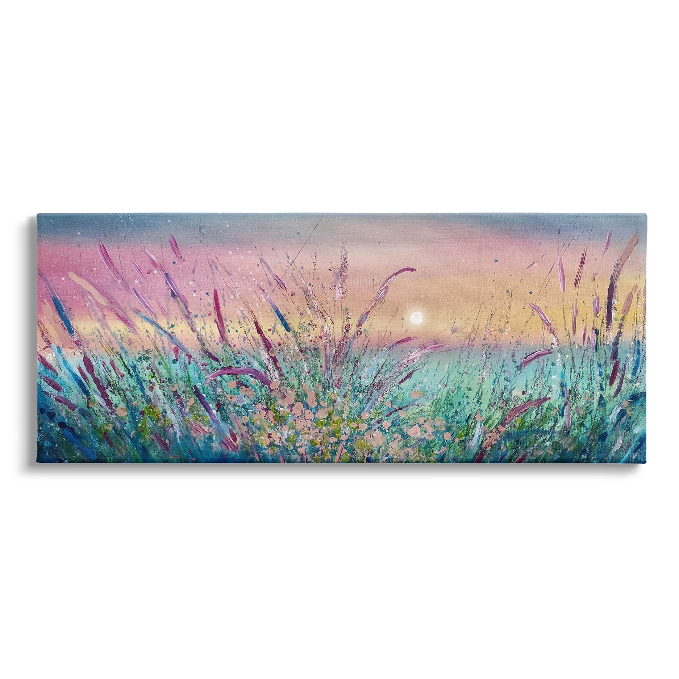 Sunset Sky Pond Reeds Sprouting Landscape Painting Gallery Wrapped Canvas Print Wall Art