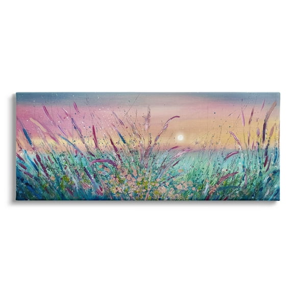 Sunset Sky Pond Reeds Sprouting Landscape Painting Gallery Wrapped Canvas Print Wall Art