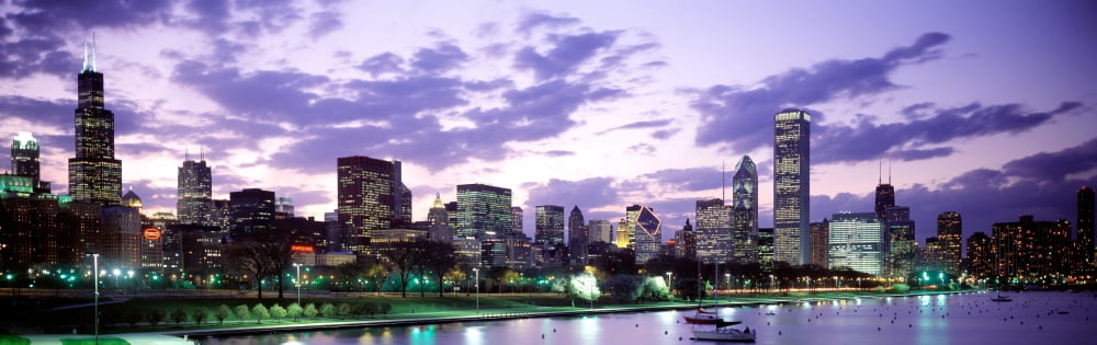 Sunset Sky Skyline Twilight Downtown City Scene Loop Chicago Illinois USA Canvas Art - Panoramic Images (36 x 12)