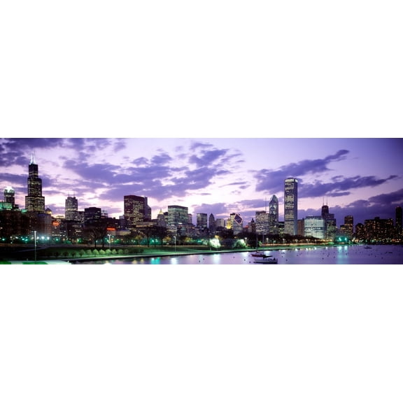 Sunset, Sky, Skyline, Twilight, Downtown, City Scene, Loop, Chicago, Illinois, USA Poster Print (27 x 9)