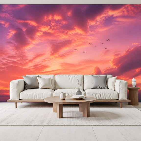 Sunset Sky autumn pink Soft Clouds Birds Vibrant fantasy Peel and Stick Wall Murals 69"H x 96"W Removable PVC Wallpaper Self-Adhesive Wall Paintings for Bedroom Living Room