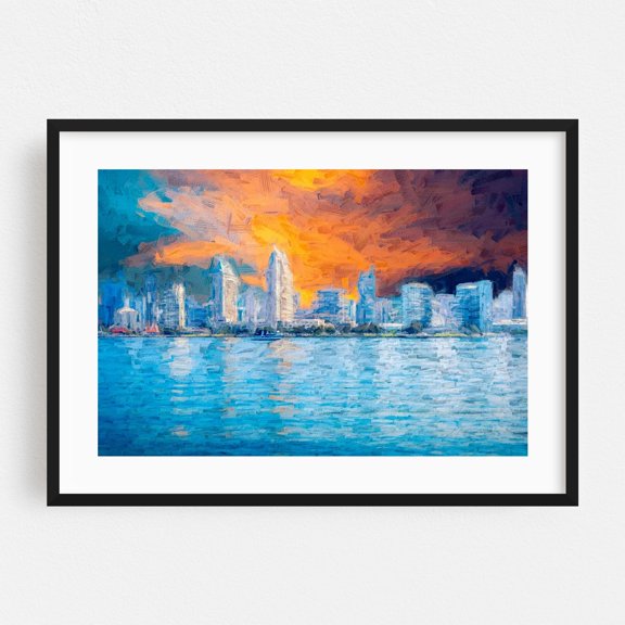 Sunset Skyline Reflections - Painterly Style - Coronado California Digital Art Cityscape Skyline Modern Art Sunset Abstract Water Architecture Black Framed Wall Art Print 5 x 7 inches