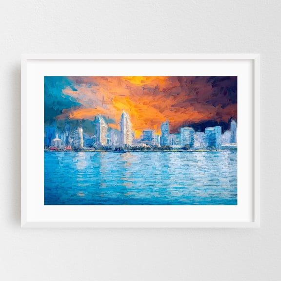 Sunset Skyline Reflections - Painterly Style - Coronado California Digital Art White Framed Wall Art Print 24 x 36 inches