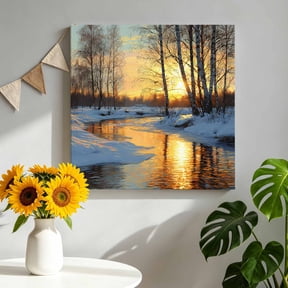 Sunset Snowy Forests Canvas Wall Art, Winter Nature Landscape Woods Snow Framed Canvas Wall Decor Picture Print Artwork Decorations for Living Room Office Ready to Hang 8" x 8"