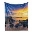 thumbnail image 1 of Sunset Soft Flannel Fleece Throw Blanket, Horizon Sky at the Beach with Rocks Surreal Tropical Serene Landscape, Cozy Plush for Indoor and Outdoor Use, 50" x 60", Royal Blue Marigold, by Ambesonne, 1 of 5