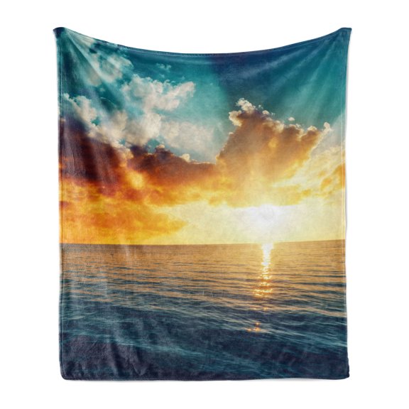 Sunset Soft Flannel Fleece Throw Blanket, Long Exposure Horizon Panorama over Ocean Dramatic Sky Dusk Serene Image, Cozy Plush for Indoor and Outdoor Use, 50" x 70", Yellow Blue, by Ambesonne