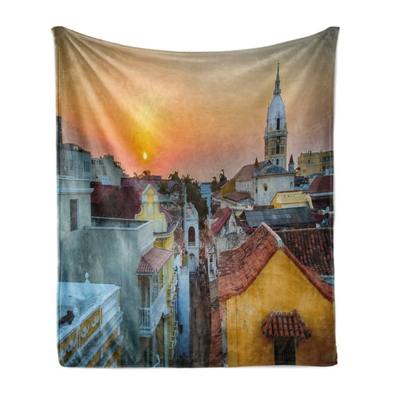 Sunset Soft Flannel Fleece Throw Blanket, View over the Rooftops of the Old City Colombian Coast Picture, Cozy Plush for Indoor and Outdoor Use, 50" x 60", Multicolor, by Ambesonne