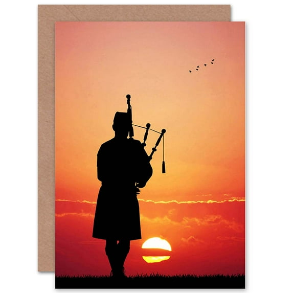 Sunset Solitary Scots Piper Silhouette Greetings Card Plus Envelope Blank inside
