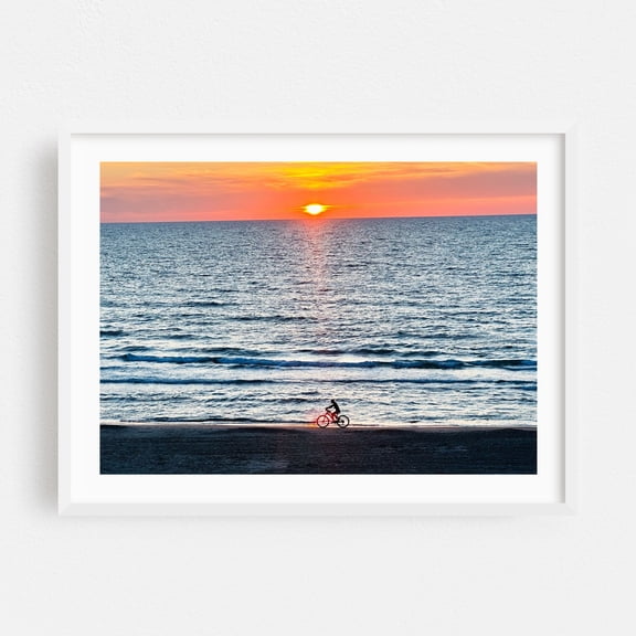 Sunset Spotlight - New Smyrna Beach Florida Photography Sunset Beach Bicycle Seascape Silhouette Coastal Waves White Framed Wall Art Print 24 x 36 inches